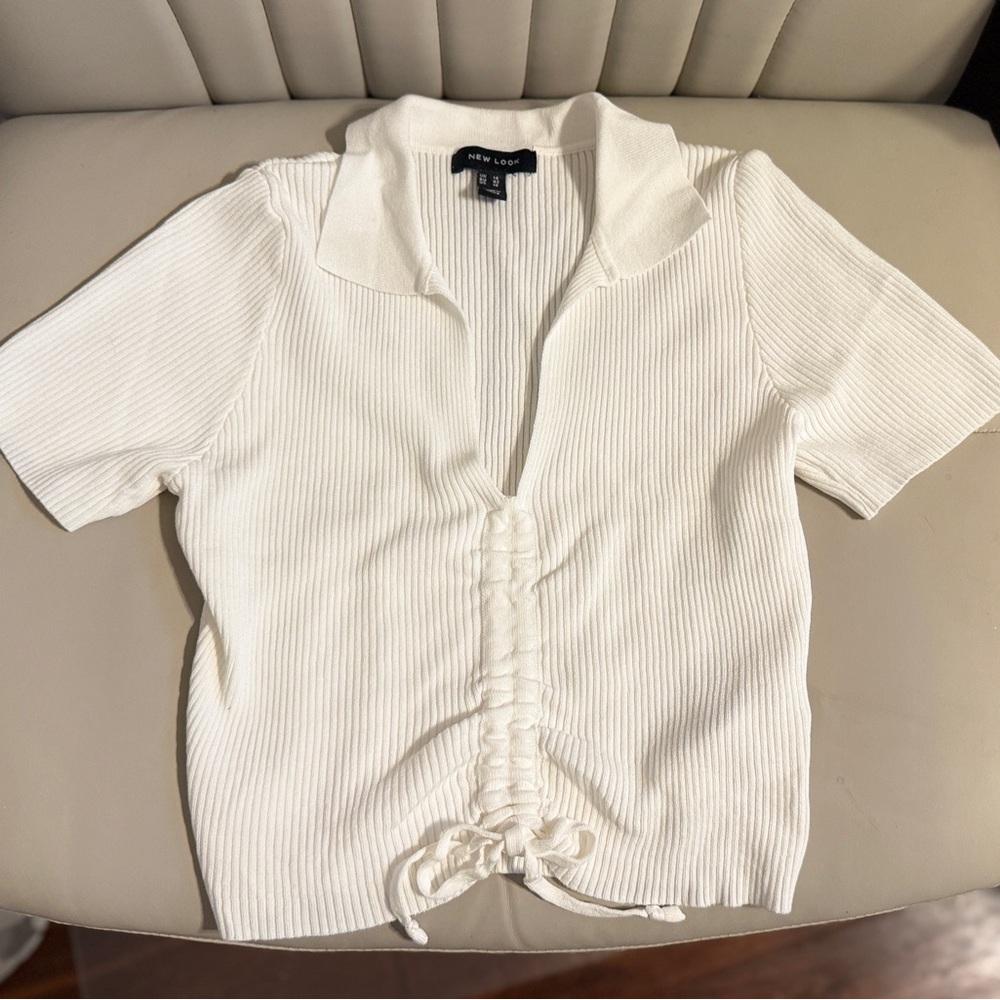 New Look Cream Ribbed Collared Blouse